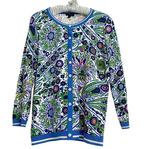 Talbots Colorful Paisley Cardigan Blue White Pink and Green XS - Picture 1 of 6